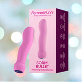 A pink FemmeFunn Sormi Bullet vibe is showcased next to its elegant box, branded under "Femme Funn." Set against a delicate bokeh background, it features SOFTFEEL silicone for a luxurious experience.